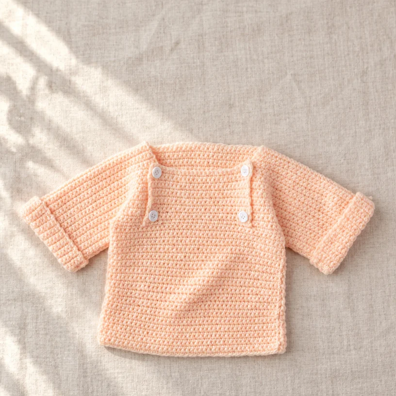Handmade baby crochet pullover using soft yarn, perfect for infants