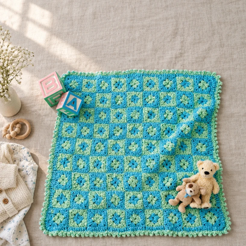 Colorful baby play mat crochet pattern for safe and fun playtime.