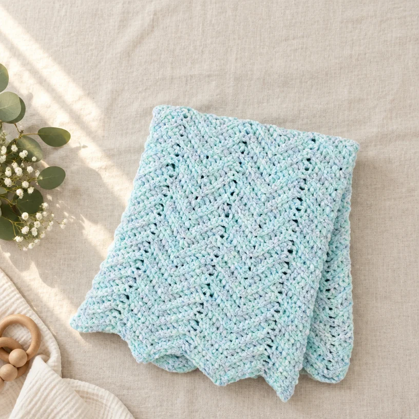 Baby ripple crochet blanket pattern showcasing colorful waves and textures.