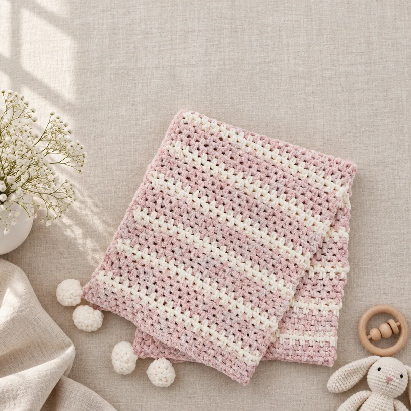Beginner crochet pattern for a colorful baby stripe blanket