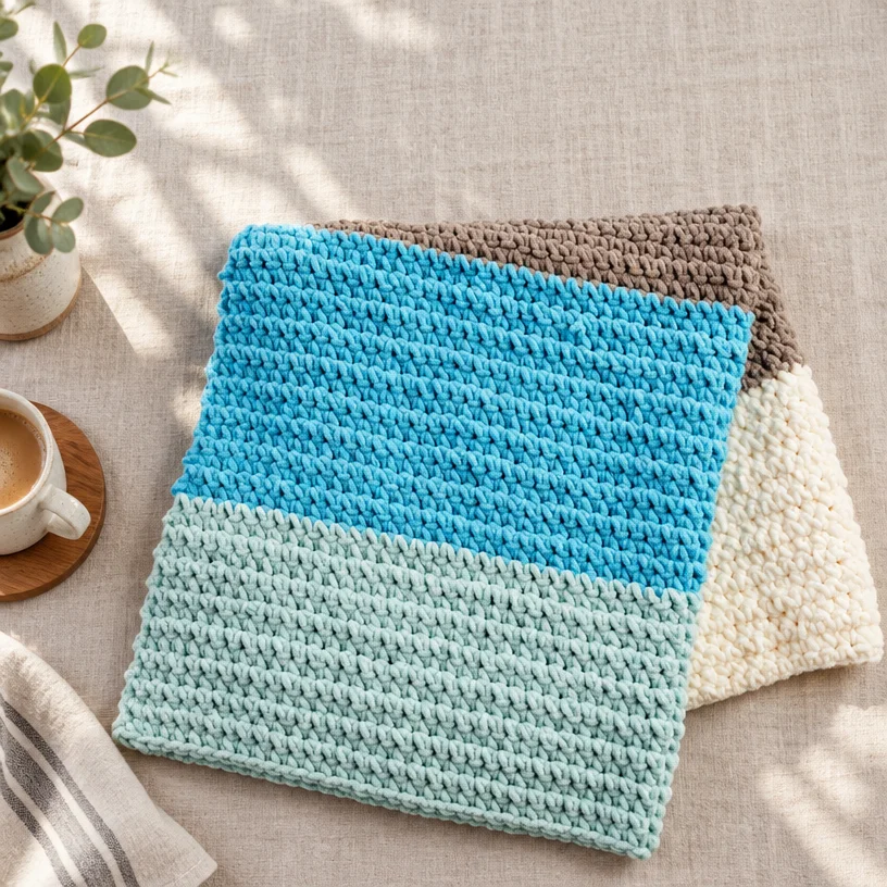 Colorblock crochet blanket pattern guide featuring vibrant crochet designs