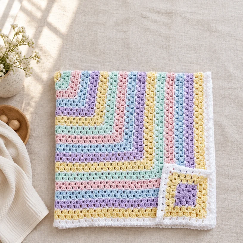 Crochet baby blanket square pattern in soft yarn for infants.