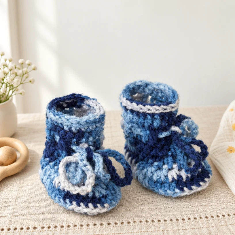 Crochet baby boots tutorial pattern designed for new crocheters.