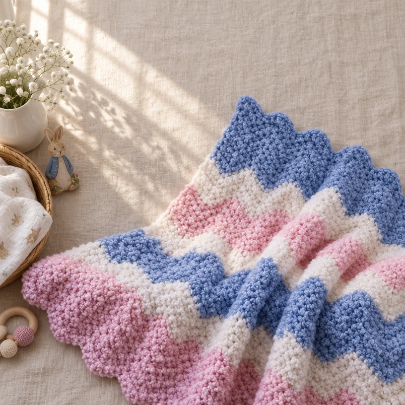 Crochet Baby Ripple Blanket Pattern in soft, colorful yarns for infants