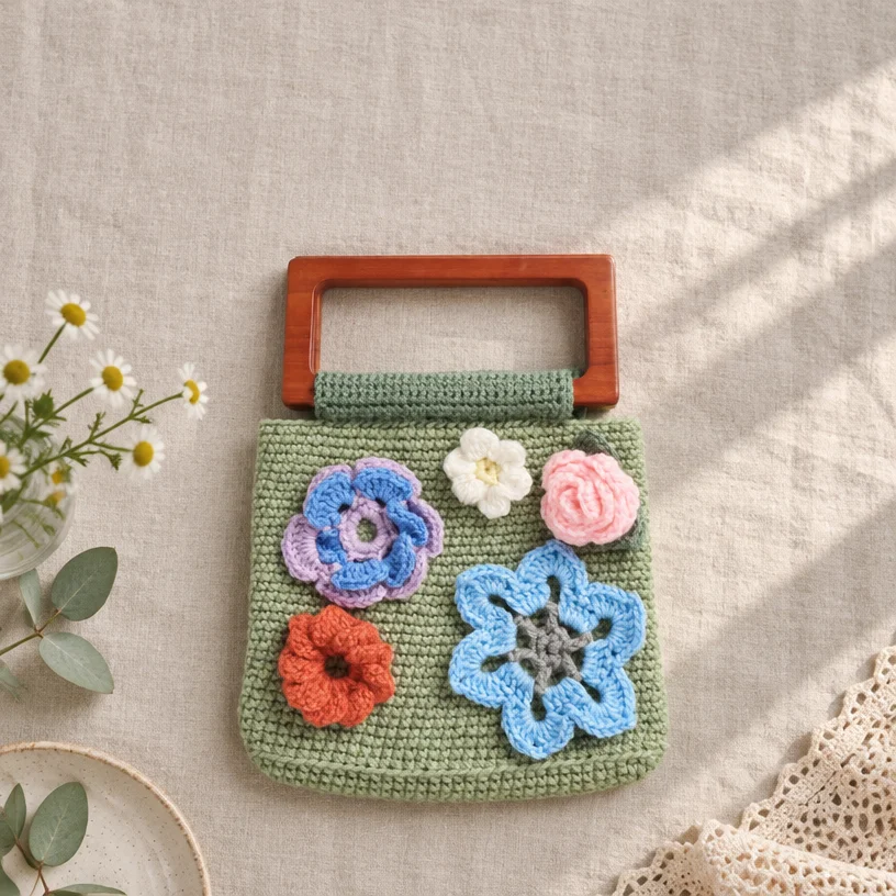 Crochet pattern for a stylish garden party bag featuring vibrant colors and intricate design.